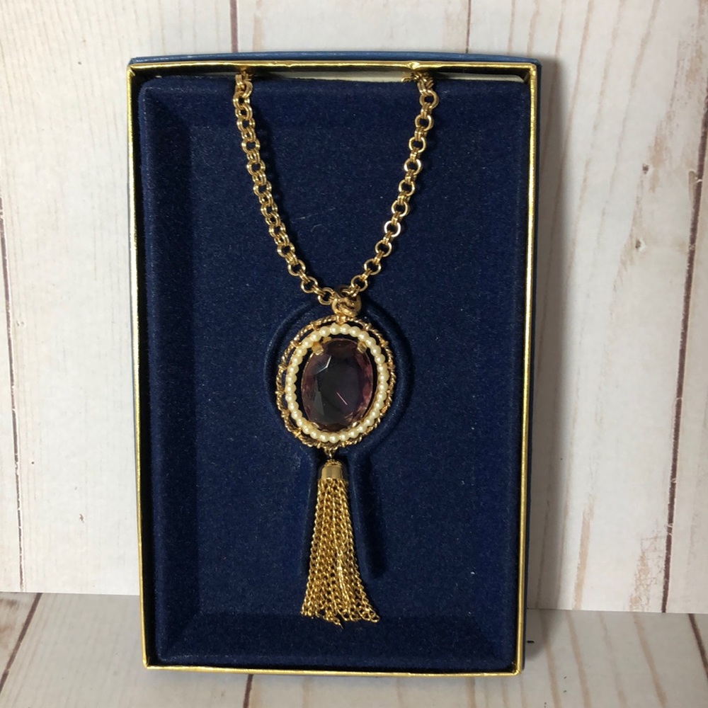 Vintage Avon tasseled pendant necklace amethyst gold tone new in box 1970’s